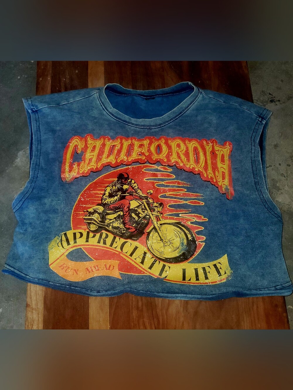 Blue Graphic Motorcycle Sleeveless Cropped Tee - "California Appreciate Life"